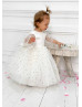 Long Sleeves Gold Star Tulle Pearl Beaded Flower Girl Dress